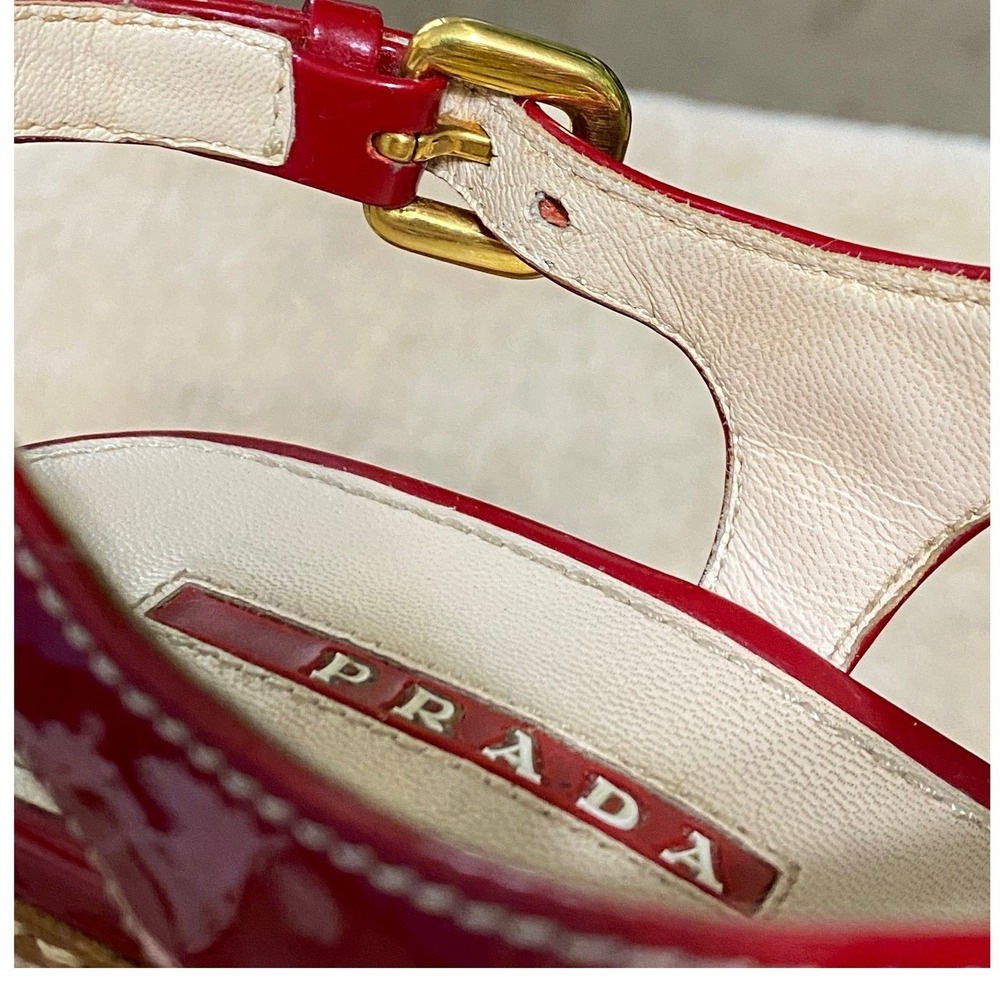 Prada Espadrille Wedge Slingback Sandals Red Patent Leather Size 5.5 Summer Chic - Picture 12 of 12